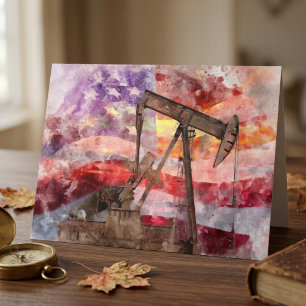 Patriotic Pumpjack Watercolor Sunset Art Letterpress Thank You Card