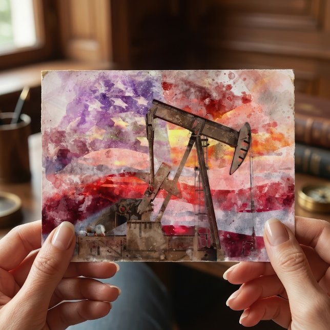 Patriotic Pumpjack Watercolor Sunset Art Postcard (Patriotic Pumpjack Watercolor Sunset Art. Postcard)