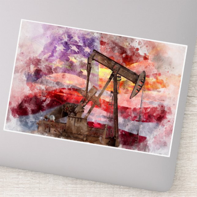 Patriotic Pumpjack Watercolor Sunset Art Sticker (Patriotic Pumpjack Watercolor Sunset Art. Sticker)