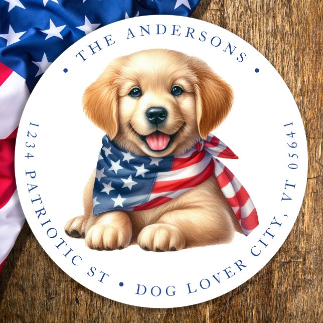 Patriotic Puppy 4th Of July Dog Return Address Classic Round Sticker (Creator Uploaded)