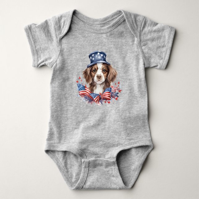Patriotic Puppy 4th of July USA Independence Day Baby Bodysuit (Front)