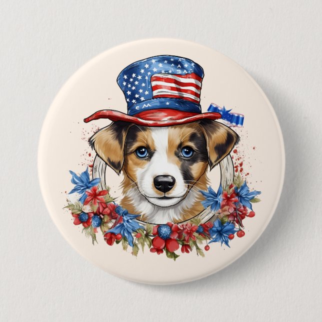 Patriotic Puppy 4th of July USA Independence Day Button (Front)