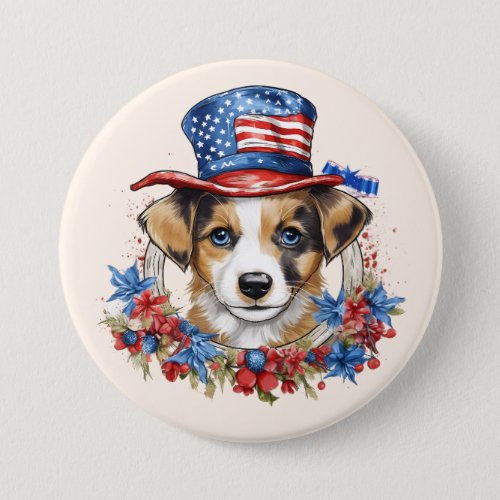 Patriotic Puppy 4th of July USA Independence Day Button