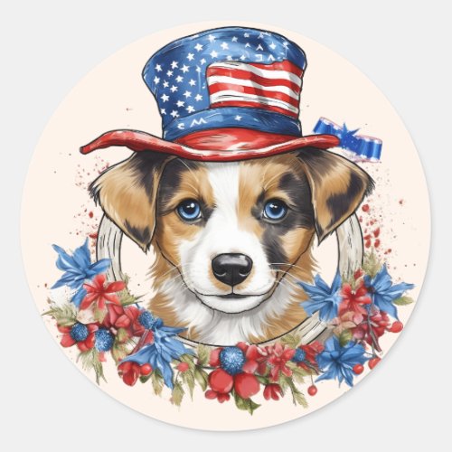 Patriotic Puppy 4th of July USA Independence Day Classic Round Sticker