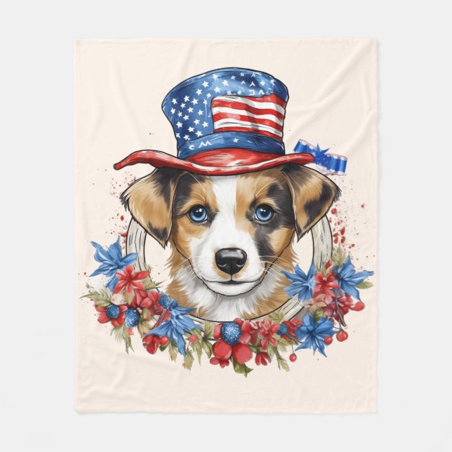 Patriotic Puppy 4th of July USA Independence Day Fleece Blanket (Front)