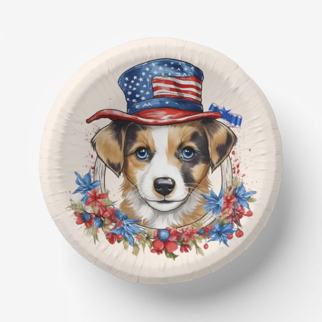 Patriotic Puppy 4th of July USA Independence Day Paper Bowls (Front)
