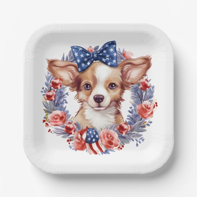 Patriotic Puppy 4th of July USA Independence Day Paper Plates (Front)