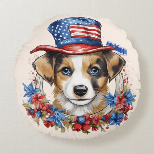 Patriotic Puppy 4th of July USA Independence Day Round Pillow