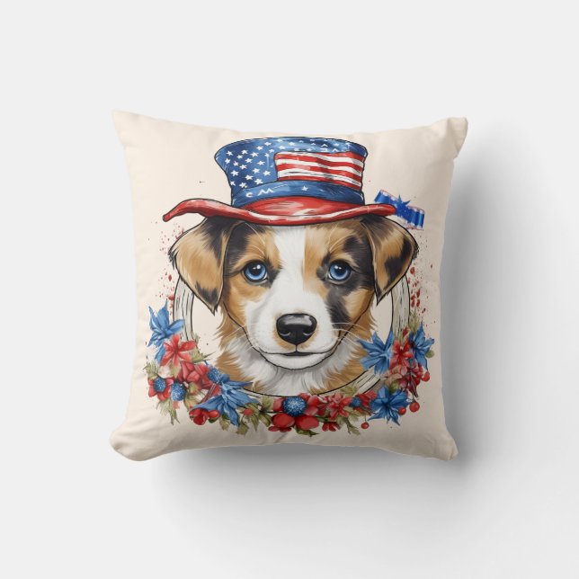 Patriotic Puppy 4th of July USA Independence Day Throw Pillow (Front)