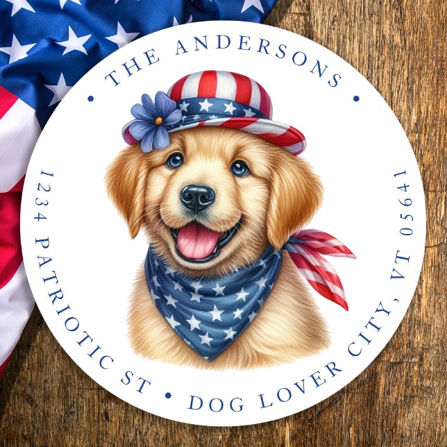 Patriotic Puppy Dog 4th Of July Return Address Classic Round Sticker (Creator Uploaded)