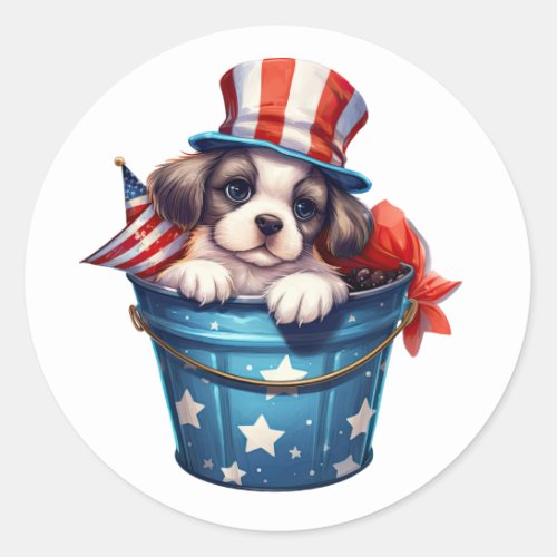 Patriotic Puppy Dog Red White Blue Top Hat Classic Round Sticker