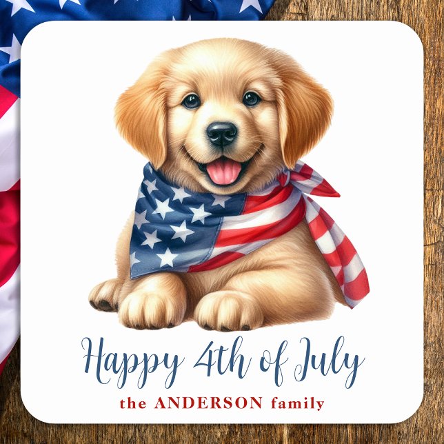 Patriotic Puppy Golden Retriever Happy 4th Of July Square Sticker (Creator Uploaded)