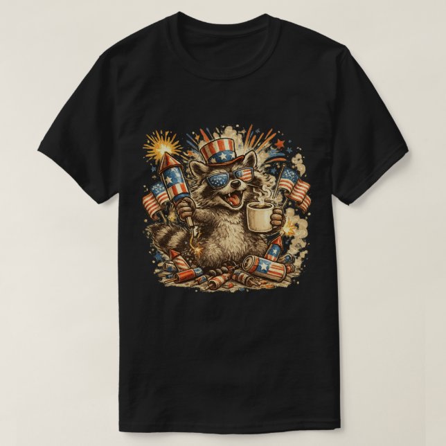 Patriotic Raccoon Coffee Fireworks 4th of July Tee (Design Front)