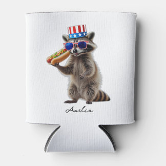 Patriotic Raccoon Holding Hot Dog Funny Can Cooler