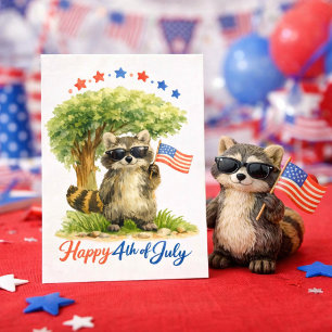 Patriotic Raccoon Holding USA Flag Fourth of July Postcard