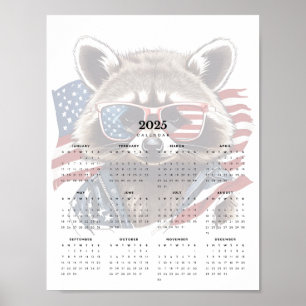 Patriotic Raccoon Red White Blue 2025 Calendar Poster