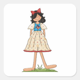 Patriotic Rag Doll Girl Americana Folk Square Sticker
