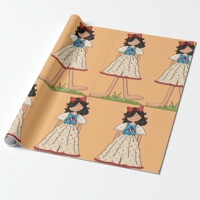 Patriotic Rag Doll Girl Americana Folk  Wrapping Paper (Unrolled)
