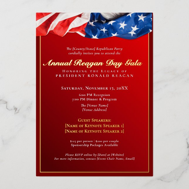 Patriotic Reagan Day Gala Republican Fundraiser Foil Invitation (Front)