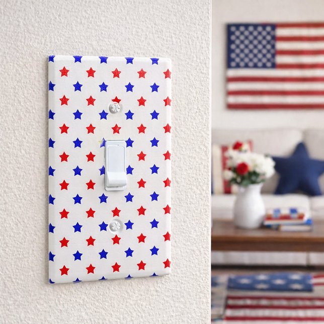 Patriotic Red and Blue Star Fourth of July Pattern Light Switch Cover (A light switch cover with a red and blue star pattern on a white background.)