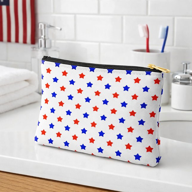 Patriotic Red and Blue Star Modern Pattern Accessory Pouch (An accessory bag with red & blue stars on a white background.)