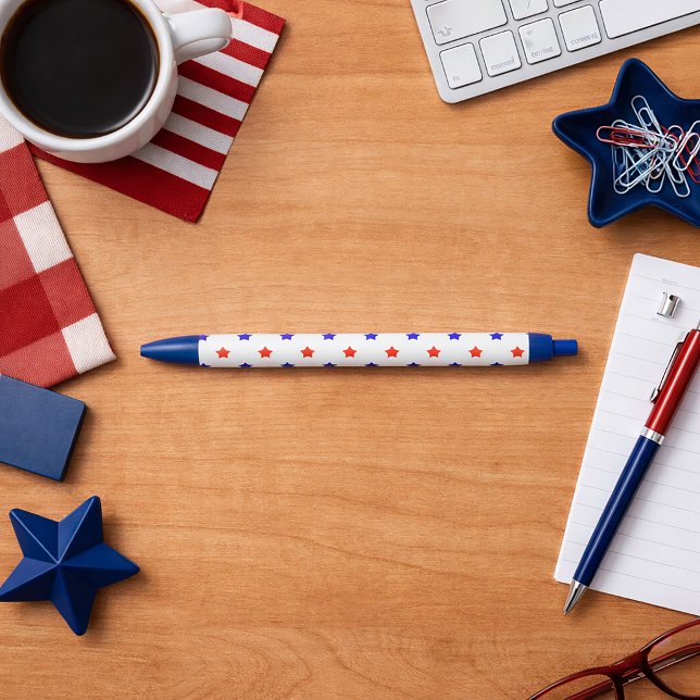 Patriotic Red and Blue Star Modern Pattern Pen (A pen with a red and blue star pattern on a white background.)