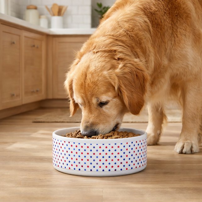 Patriotic Red and Blue Star Pattern Bowl (A dog bowl with a red and blue star pattern.)