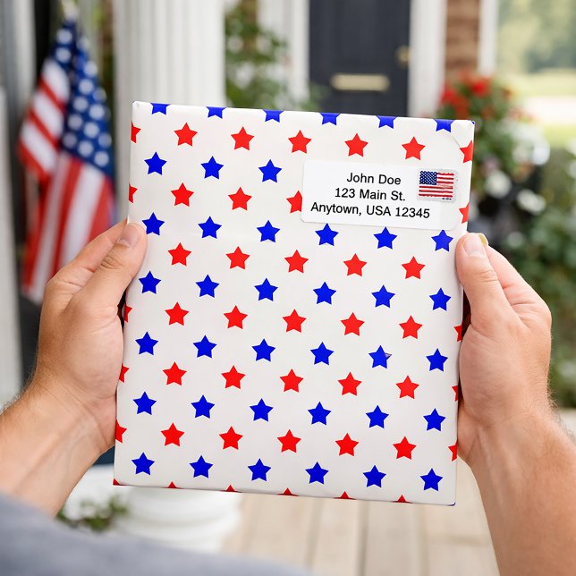 Patriotic Red and Blue Star Pattern Envelope Mailers (A mailer envelope with a red and blue star pattern on a white background.)