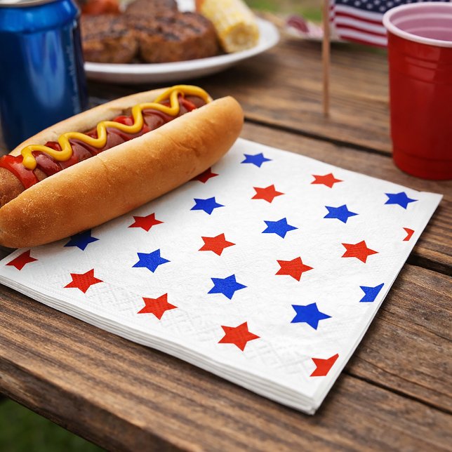 Patriotic Red and Blue Star Pattern Napkins (A paper napkin with a red and blues star pattern on a white background.)