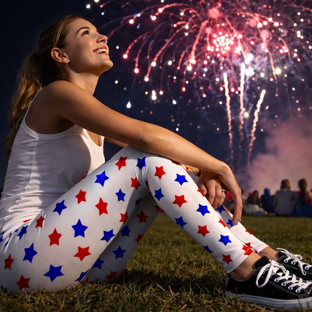 Patriotic Red and Blue Star Pattern on White  Leggings (A pair of leggings with a red and blue star pattern on a white background.)