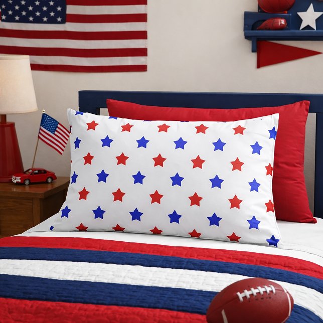 Patriotic Red and Blue Star Pattern Pillow Case (A pillowcase with a red and blue star pattern on a white background.)