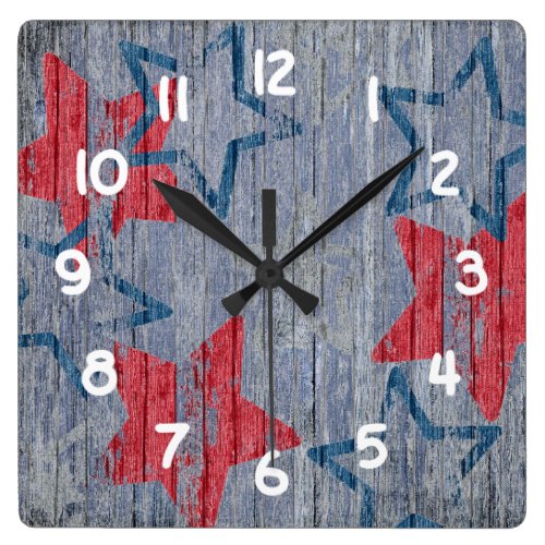 Patriotic Red and Blue Stars - Blue Barnboard Square Wall Clock