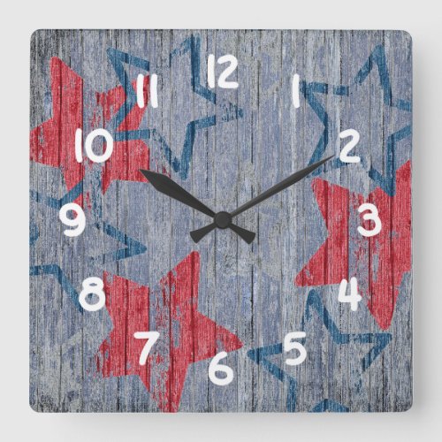 Patriotic Red and Blue Stars _ Blue Barnboard Square Wall Clock