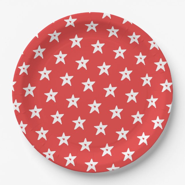 Patriotic Red and White Stars with Hearts Paper Plates (Front)