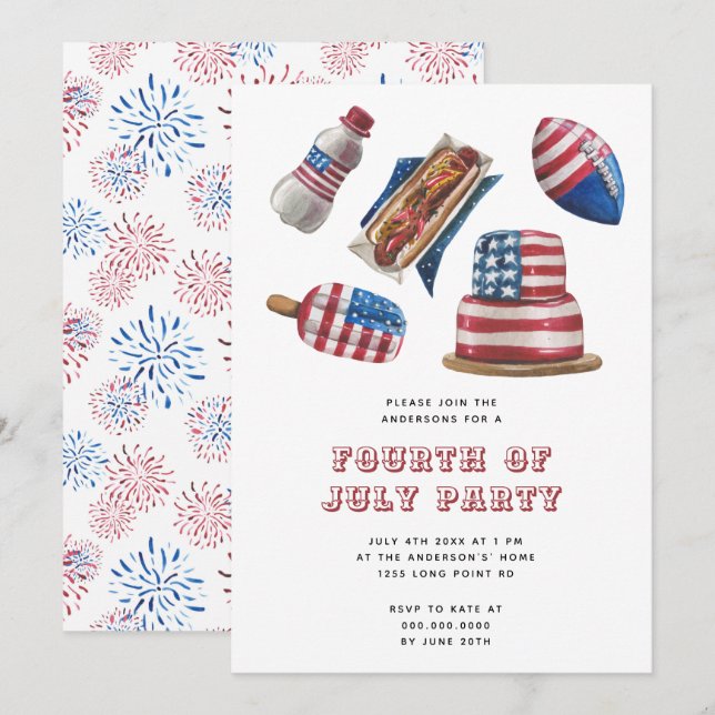 Patriotic Red & Blue BBQ Modern 4th of July Party Invitation (Front/Back)