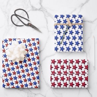 Patriotic Red Blue Glitter Stars Pattern on White