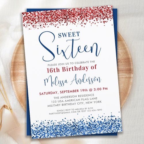 Patriotic Red Blue Glitter Sweet 16 Birthday Party Invitation