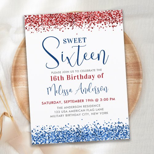Patriotic Red Blue Glitter Sweet 16 Birthday Party Invitation Postcard