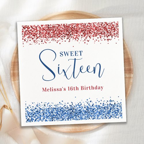 Patriotic Red Blue Glitter Sweet 16 Birthday Party Napkins