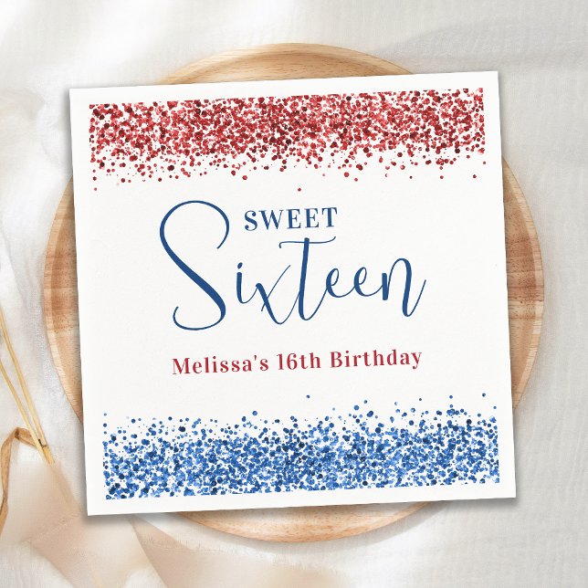 Patriotic Red Blue Glitter Sweet 16 Birthday Party Napkins (Creator Uploaded)