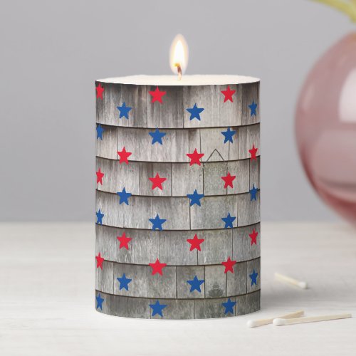 Patriotic red blue stars rustic shingles holiday pillar candle