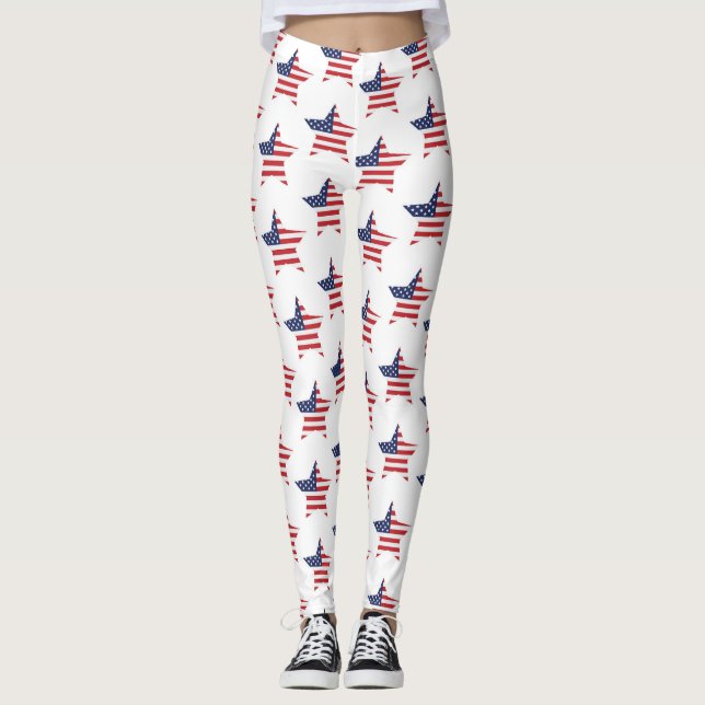 Patriotic Red Blue White American Flag Star Leggings (Front)