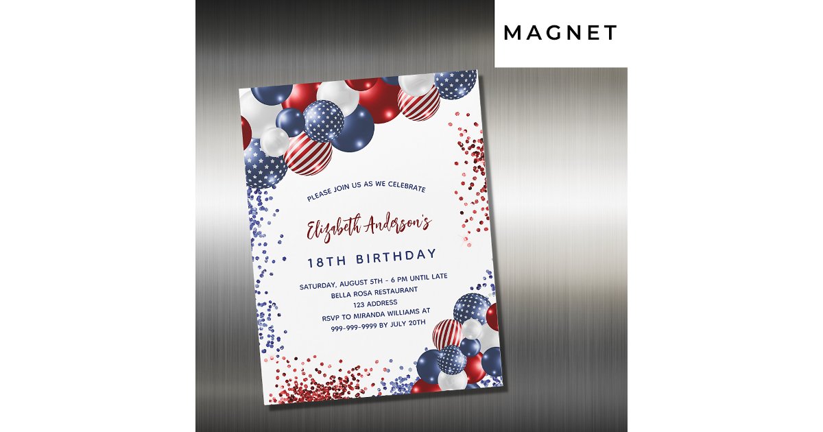 Patriotic red blue white balloons birthday luxury magnetic invitation ...