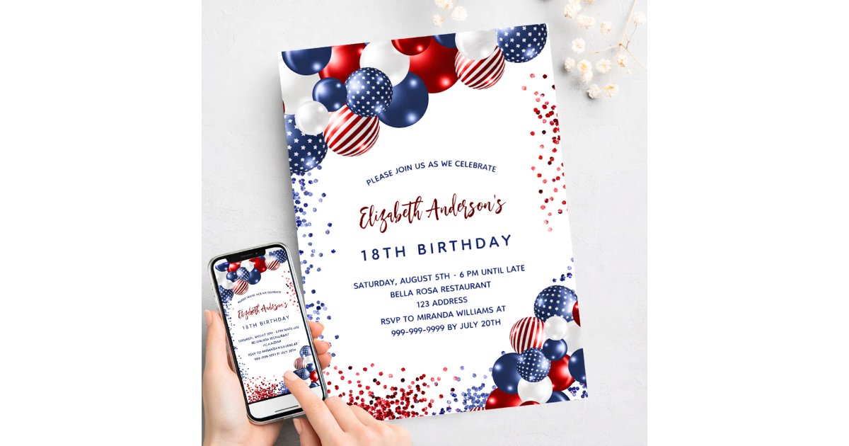 Patriotic red blue white balloons birthday party invitation | Zazzle