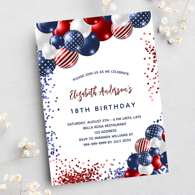 Patriotic red blue white balloons birthday party invitation | Zazzle