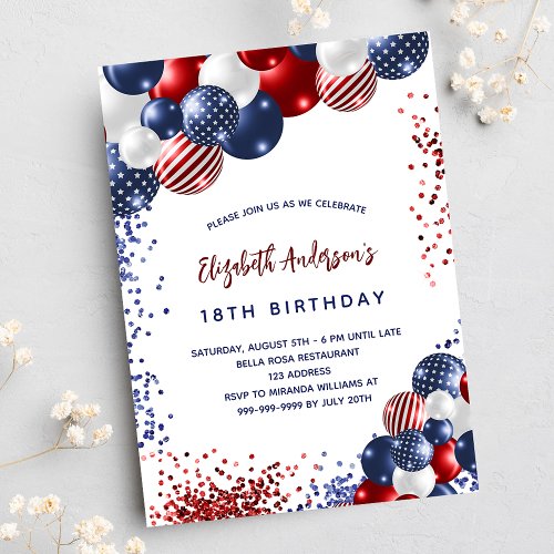 Patriotic red blue white balloons birthday party invitation