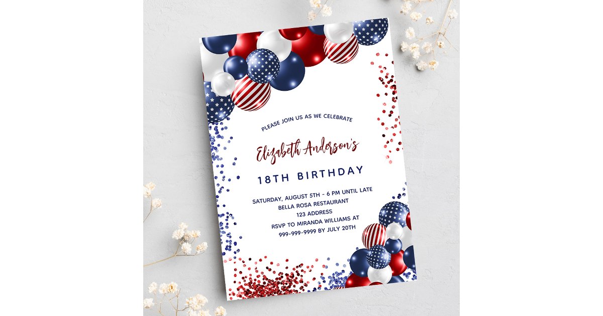 Patriotic red blue white balloons birthday party invitation postcard ...