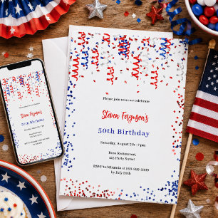 Patriotic red blue white confetti birthday party invitation