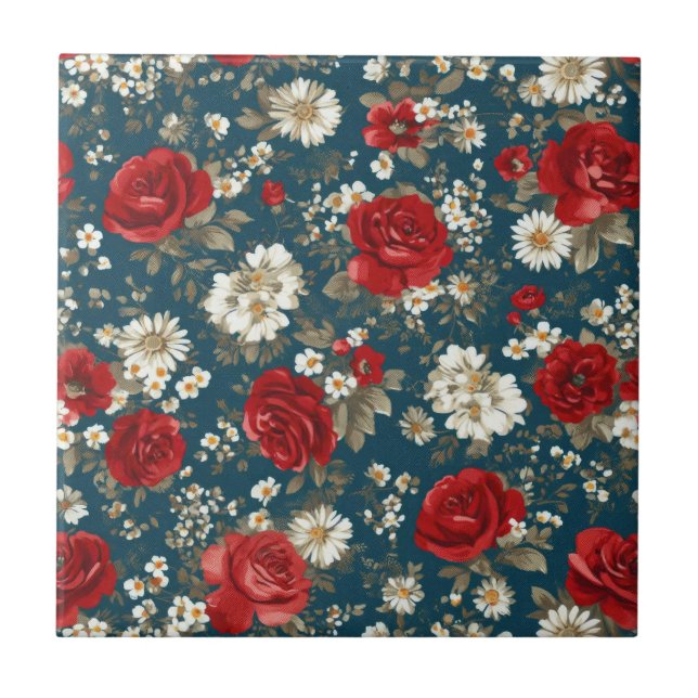 Patriotic Red Blue White Floral (11) Ceramic Tile (Front)