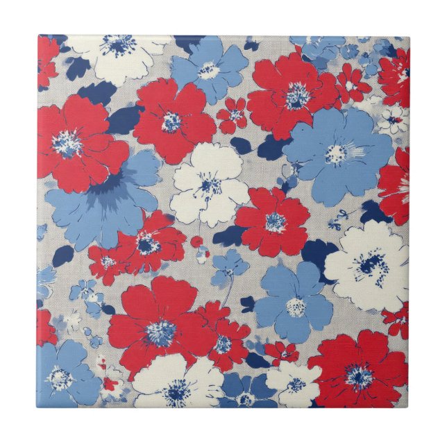 Patriotic Red Blue White Floral (12) Ceramic Tile (Front)